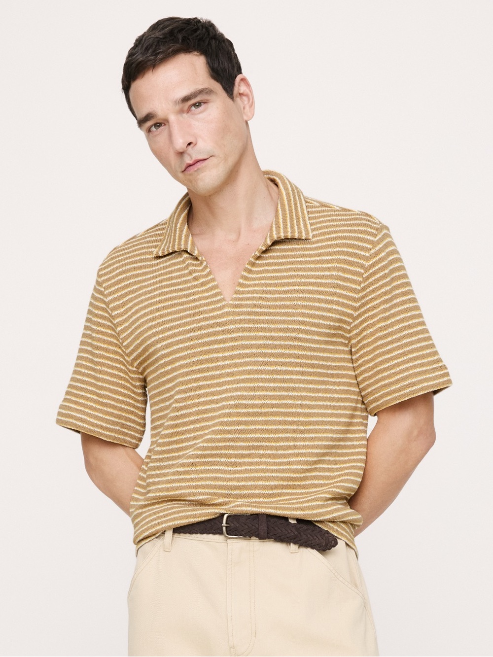 Banana Republic Striped Polo in Tan & White